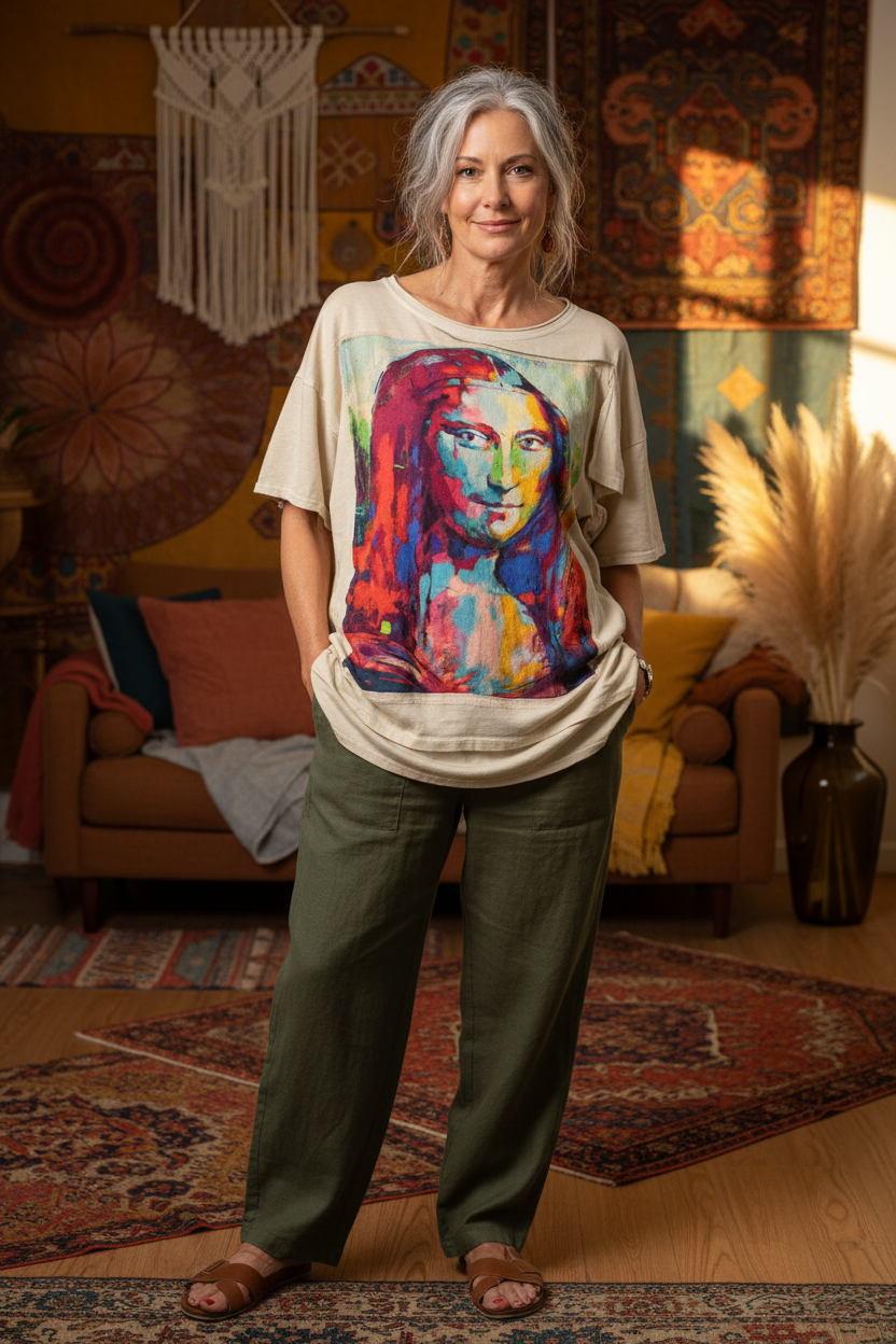 Tee w/ Abstract Mona Lisa Patchwork Oversized