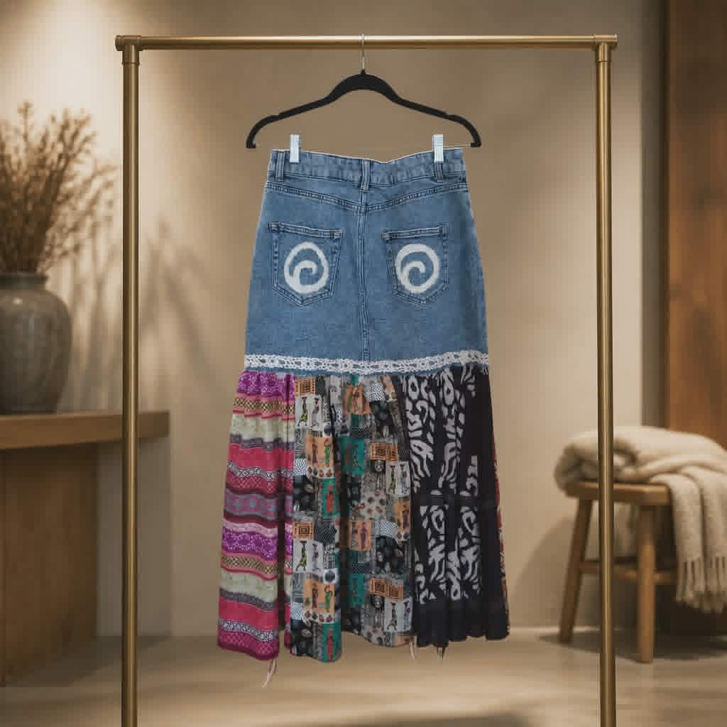 FREE SPIRIT DENIM & PRINT MAXI SKIRT