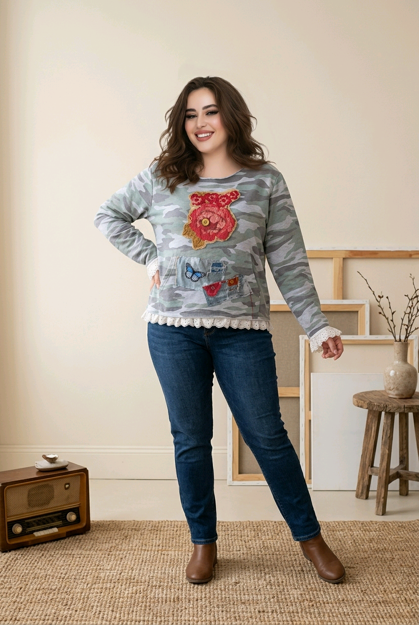 Appliqued Camo Sweatshirt