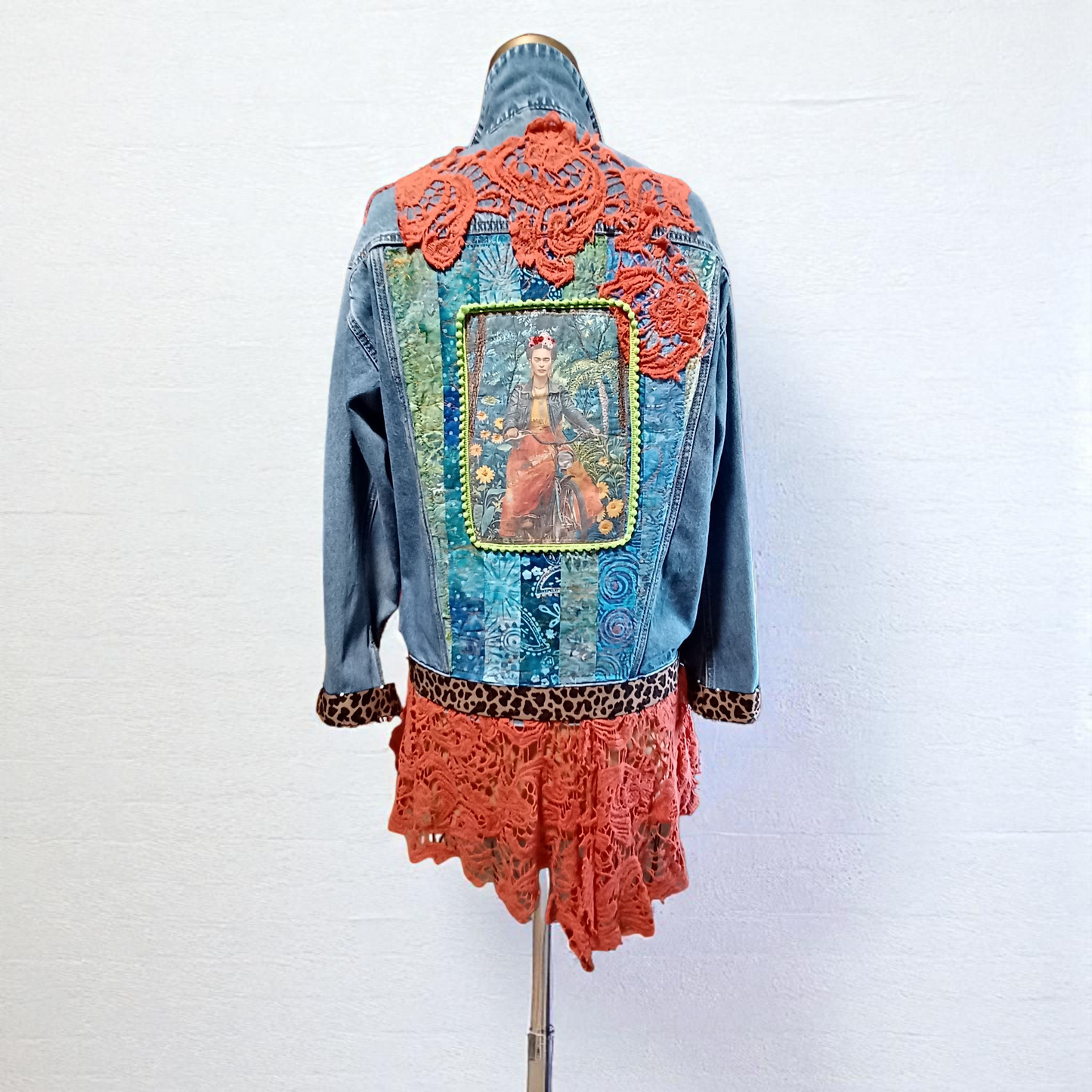 Denim Jean Jacket Upcycled "Frida on Bike"