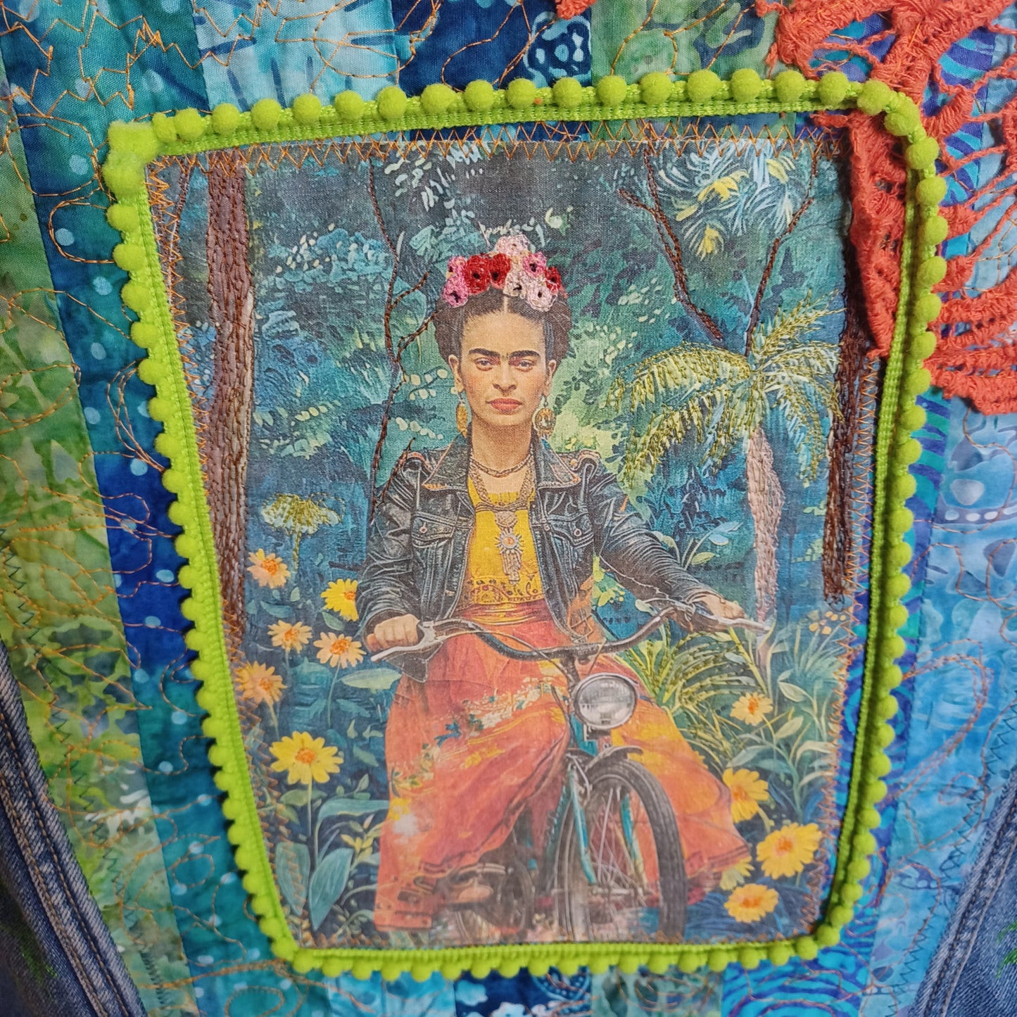 Denim Jean Jacket Upcycled "Frida on Bike"