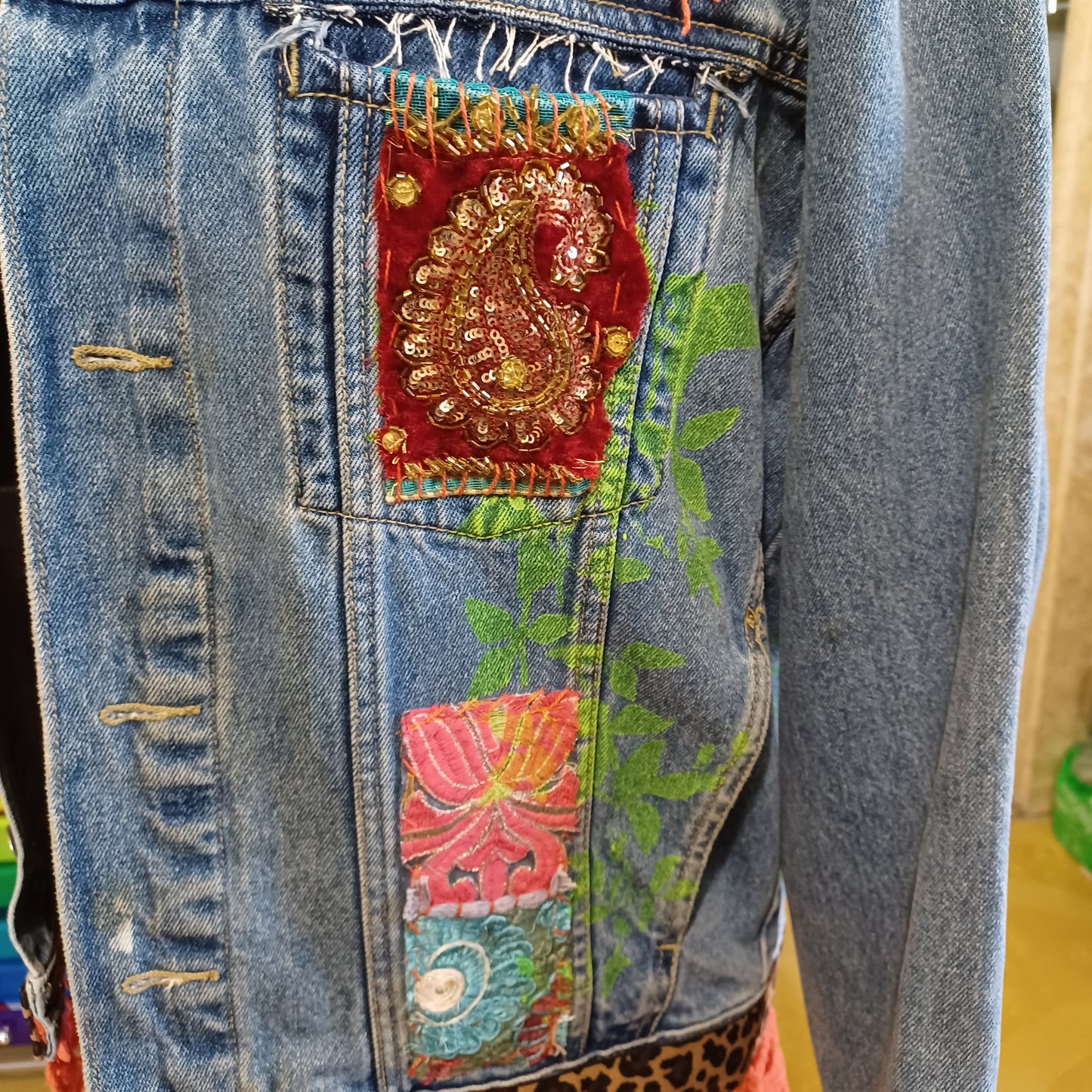 Denim Jean Jacket Upcycled "Frida on Bike"