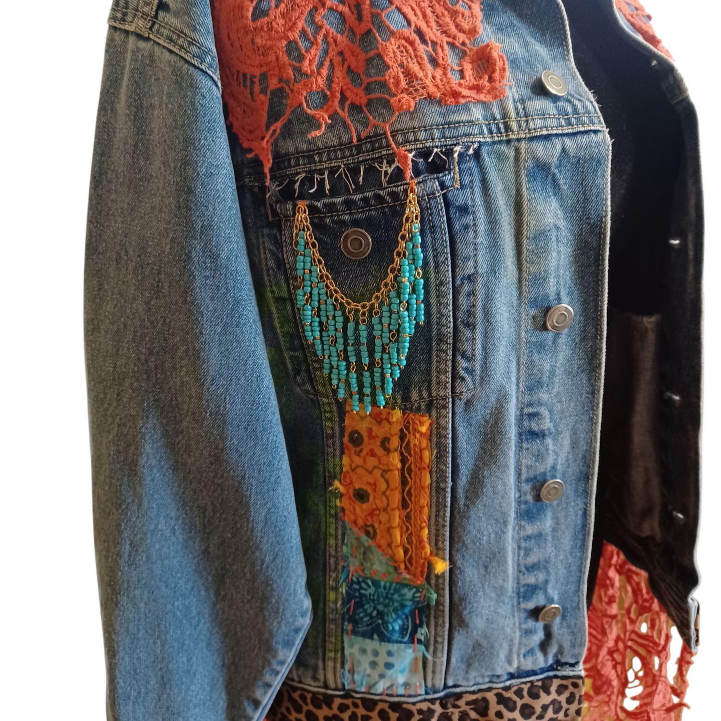 Denim Jean Jacket Upcycled "Frida on Bike"