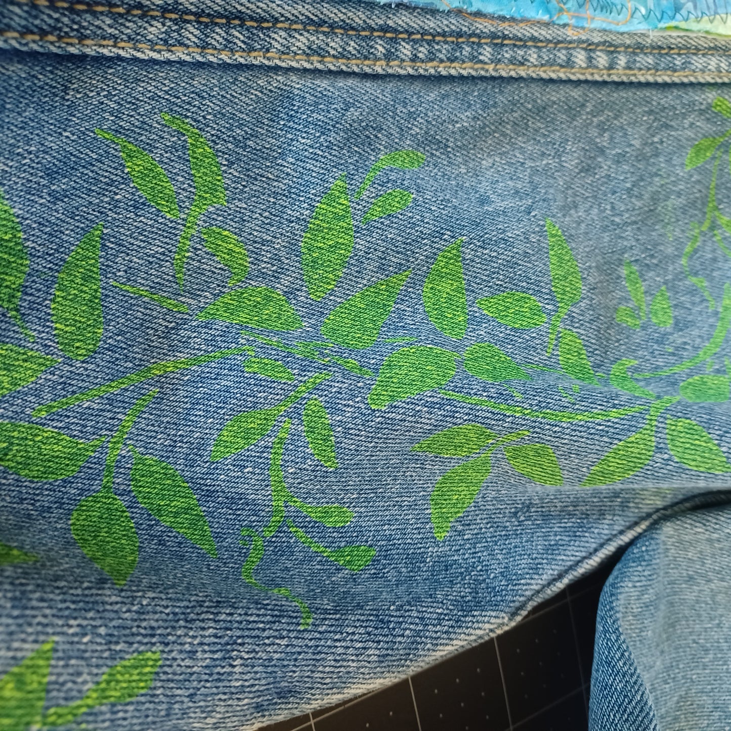 Denim Jean Jacket Upcycled "Frida on Bike"