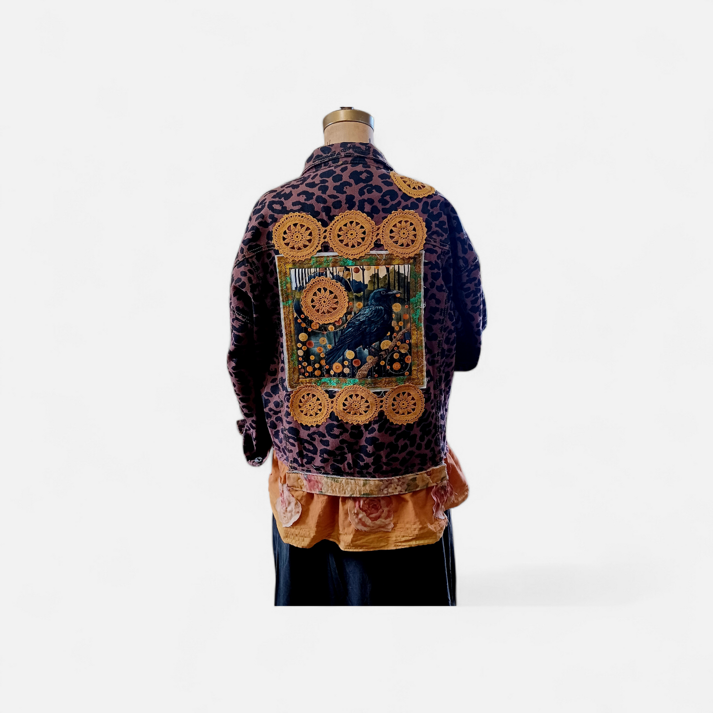 Leopard Denim Jacket w/Crow