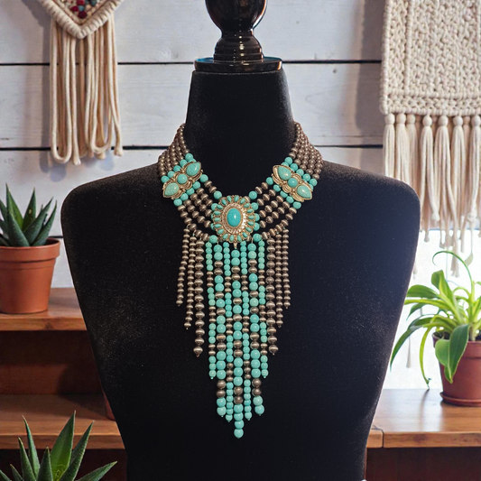Western Fringe Navajo Turquoise Beads Necklace
