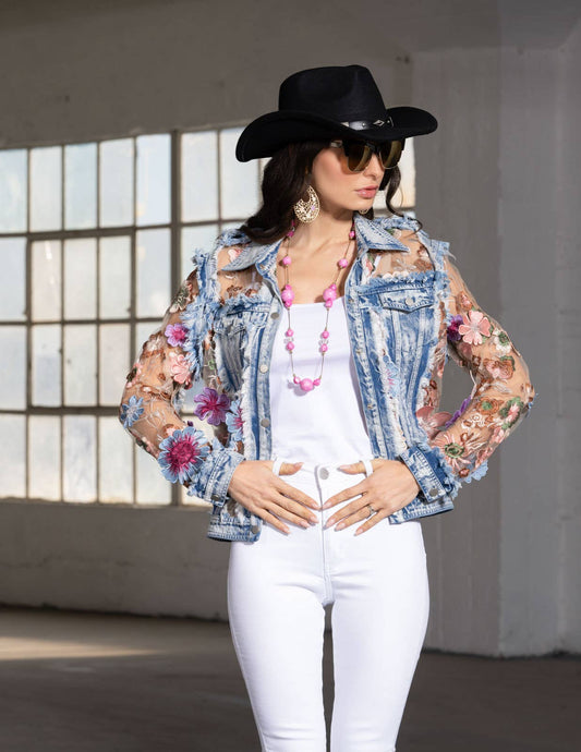 Denim and Lace Embroidered Jacket