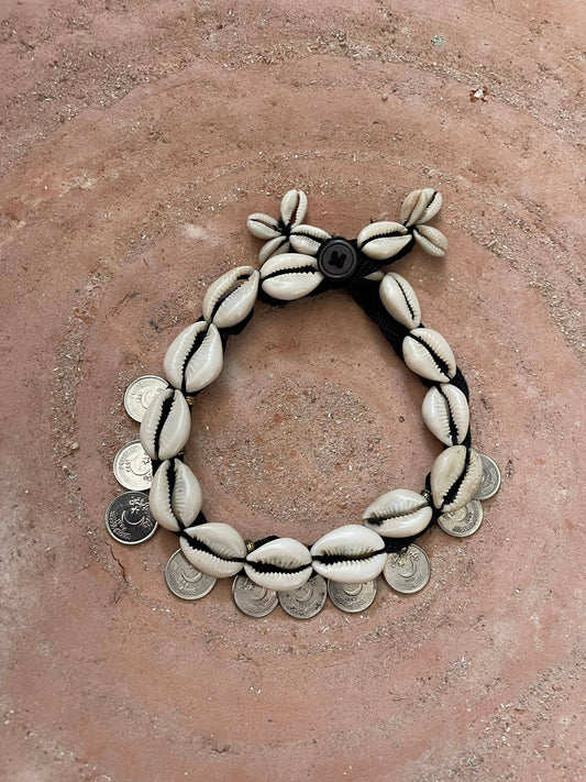 Cowrie shell necklace and vintage coins