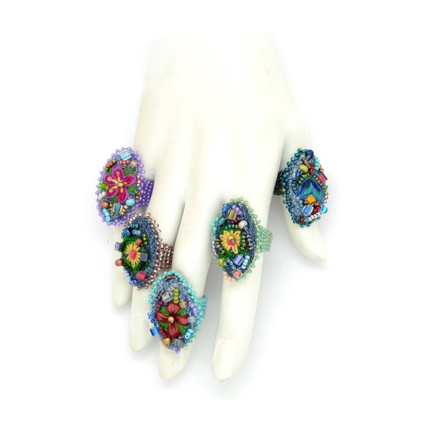 Beaded & Embroidered Flower Frida Rings