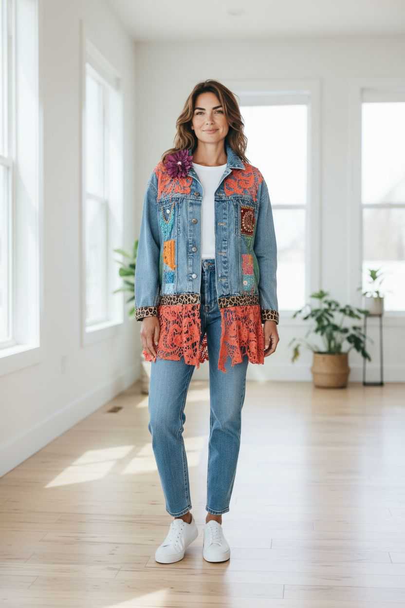 Denim Jean Jacket Upcycled "Frida on Bike"