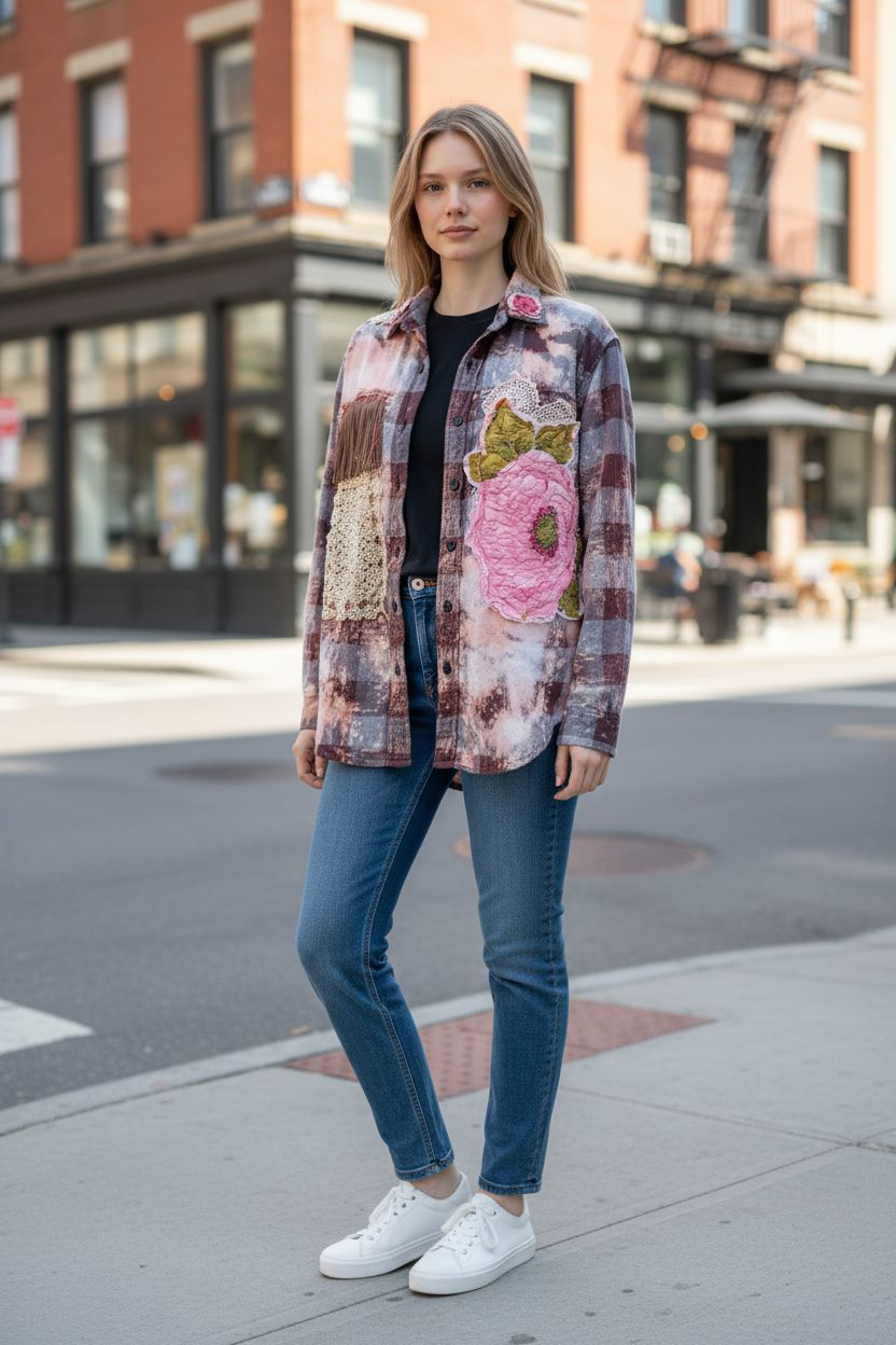 Flannel Shirt Upcycled "Floral Cowgirl"