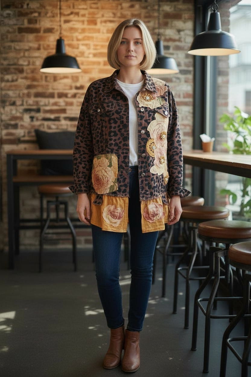 Leopard Denim Jacket w/Crow