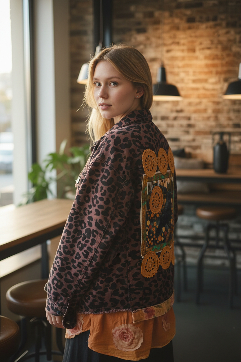 Leopard Denim Jacket w/Crow