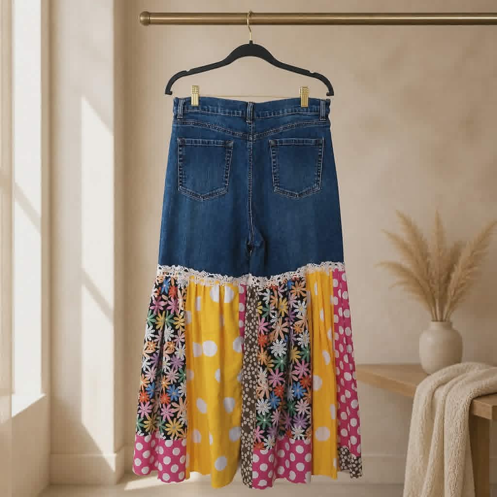 PINK AND YELLOW POLKA DOT DENIM BELLS