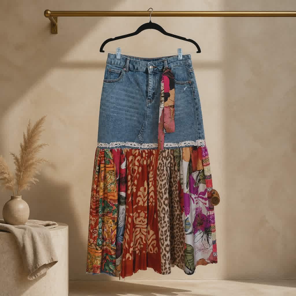 FREE SPIRIT DENIM & PRINT MAXI SKIRT