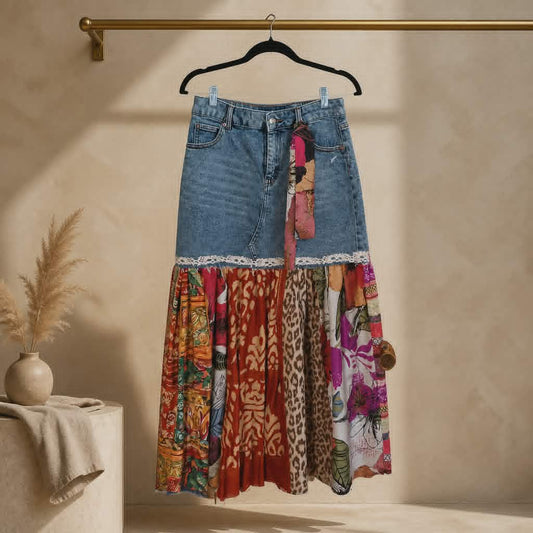 FREE SPIRIT DENIM & PRINT MAXI SKIRT